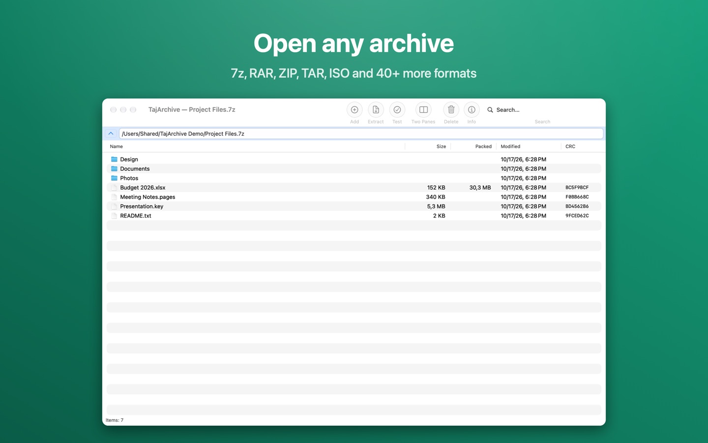 TajArchive showing the contents of a 7z archive