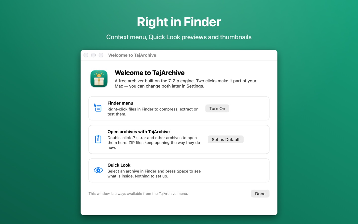 Welcome window with the Finder menu, default app and Quick Look steps